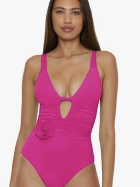 BECCA Magenta Plunge One-Piece Swimsuit with Floral Applique
